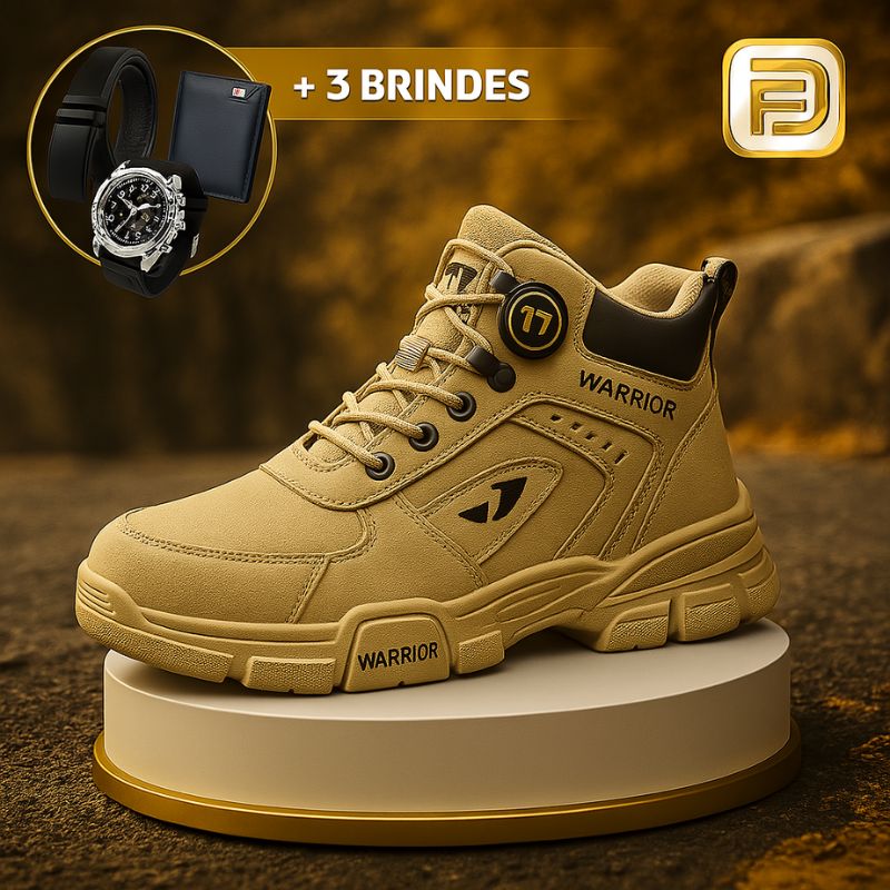 Kit Bota Militar Warrior Masculina de Couro Legitimo + 3 BRINDES: Cinto, Relógio e Carteira