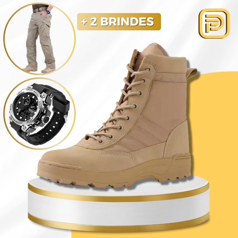 Kit Bota Militar Swat Military + 2 Brindes Táticos: Calça Militar e Relógio Tático