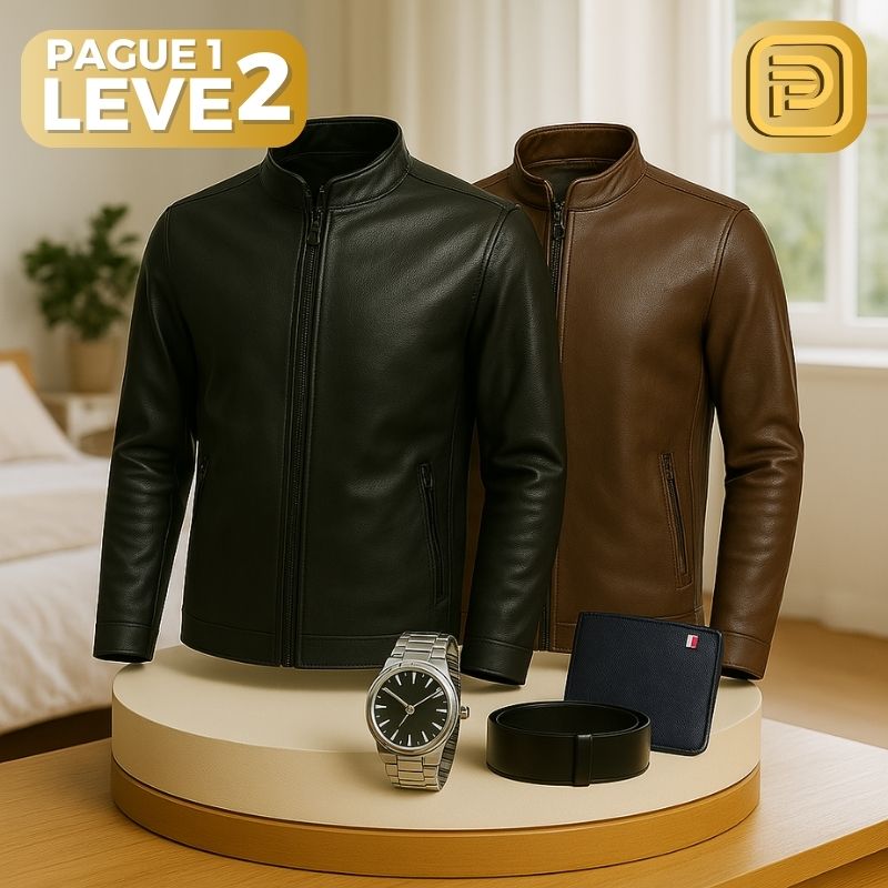 [PAGUE 1 LEVE 2] Jaqueta Masculina Hermes em Couro Legíitmo + BRINDES: Cinto, Carteira e Relógio