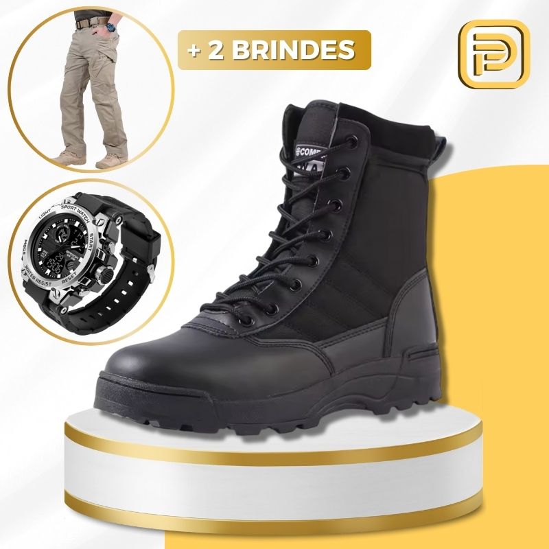 Kit Bota Militar Swat Military + 2 Brindes Táticos: Calça Militar e Relógio Tático