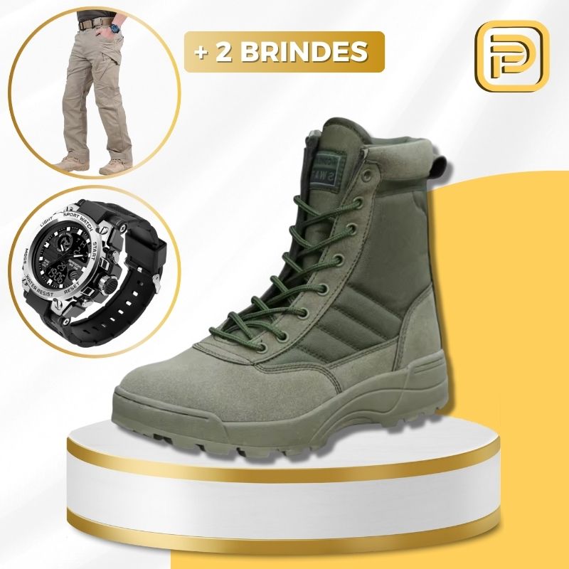 Kit Bota Militar Swat Military + 2 Brindes Táticos: Calça Militar e Relógio Tático